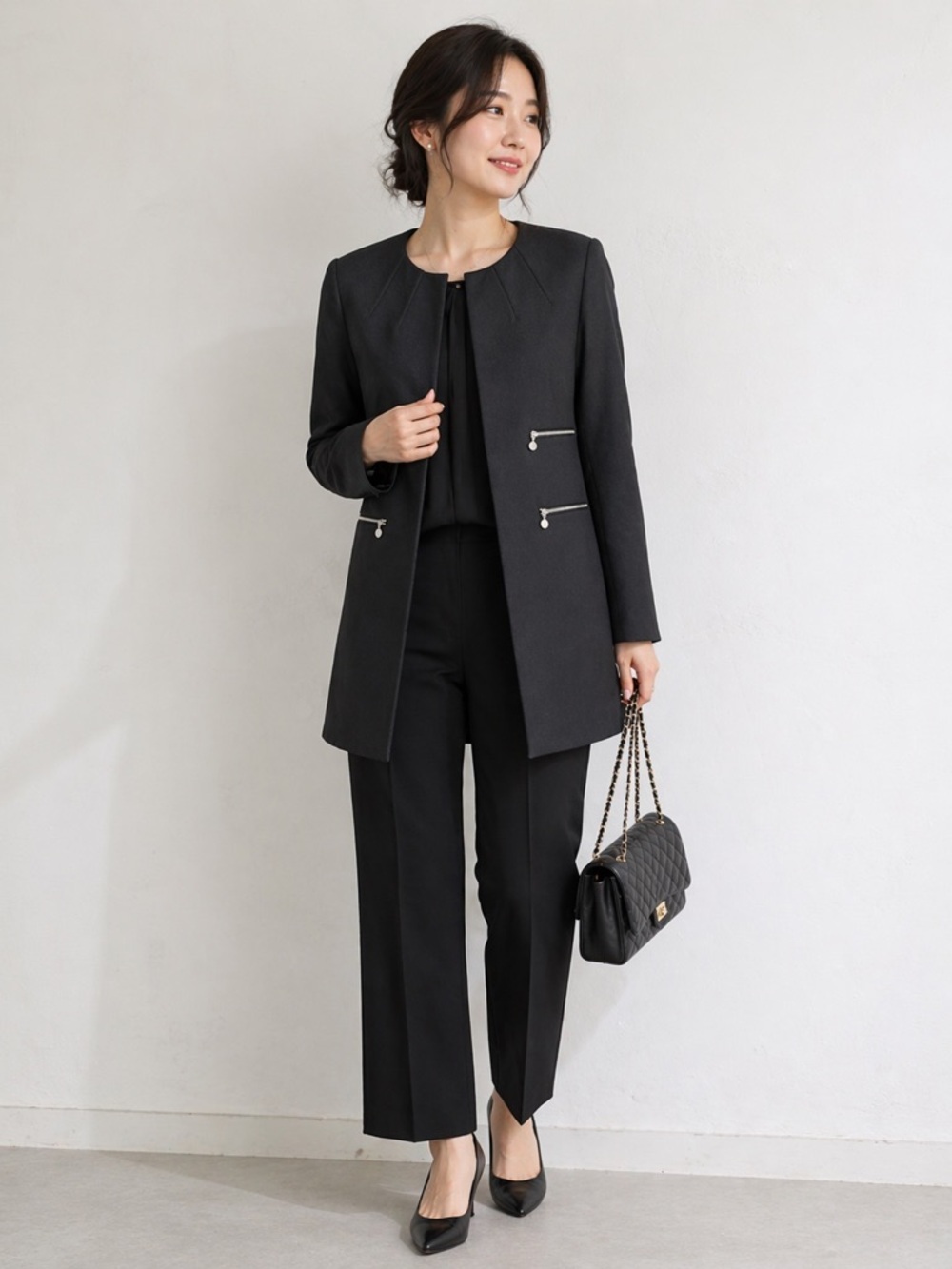 Tahari Arthur S. Levine Black Open Front Textured Jacket Zip Pocket Coat Size 2